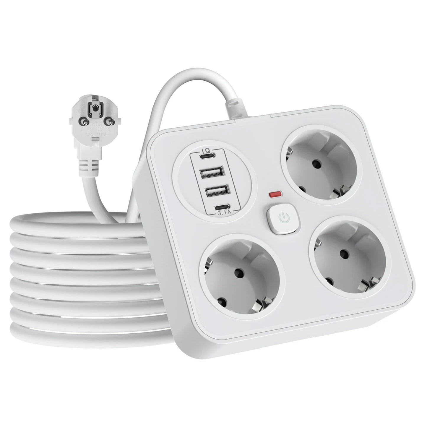 7-in-1 European Power Strip with 4 USB Ports & Surge Protection