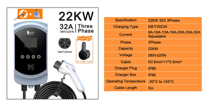 Smart EV Charging Wallbox - Adjustable 7KW/11KW/22KW Fast Charger with App