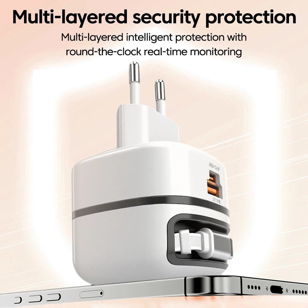 65W Fast USB-C Charger & Retractable Cable Adapter for Laptop and Phone