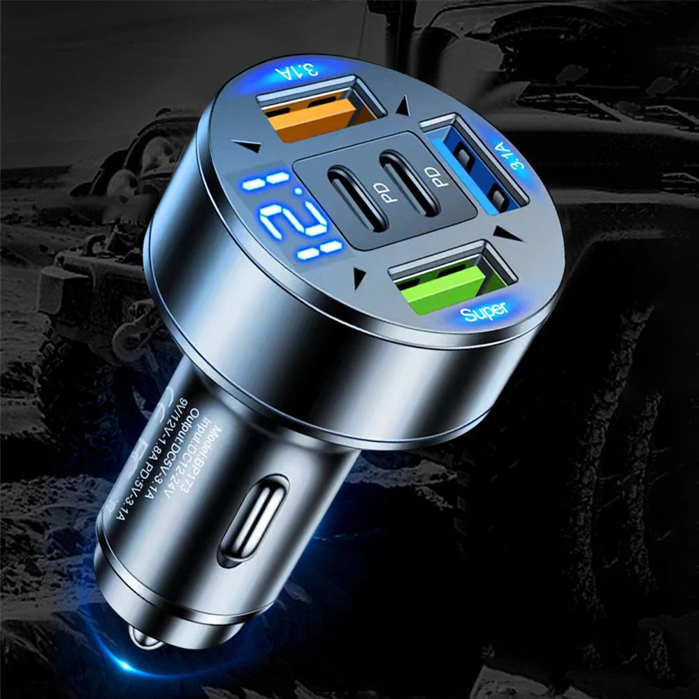 250W 5-Port Fast Car Charger - PD QC3.0 USB-C Multi-Device Adapter