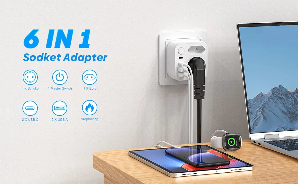 6-in-1 European Travel Power Adapter with 17W Fast USB-C & USB-A Charging - 7
