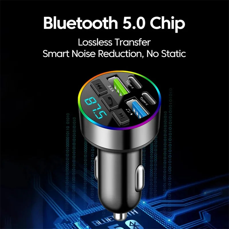 66W Fast Charge Bluetooth FM Transmitter - 4-Port Car MP3 Player Adapter