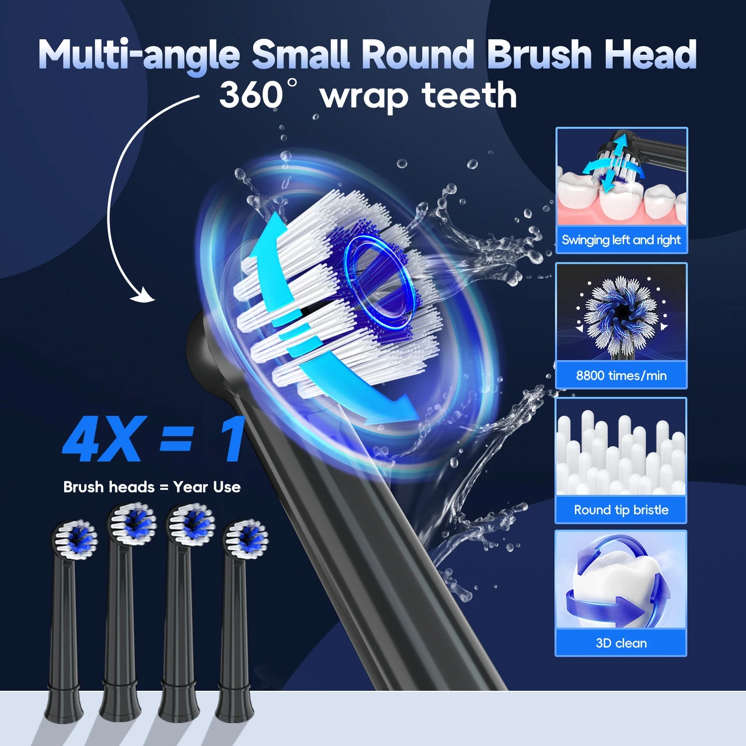 Rechargeable Sonic Electric Toothbrush with 3 Cleaning Modes & 4 Replacement Heads - 3