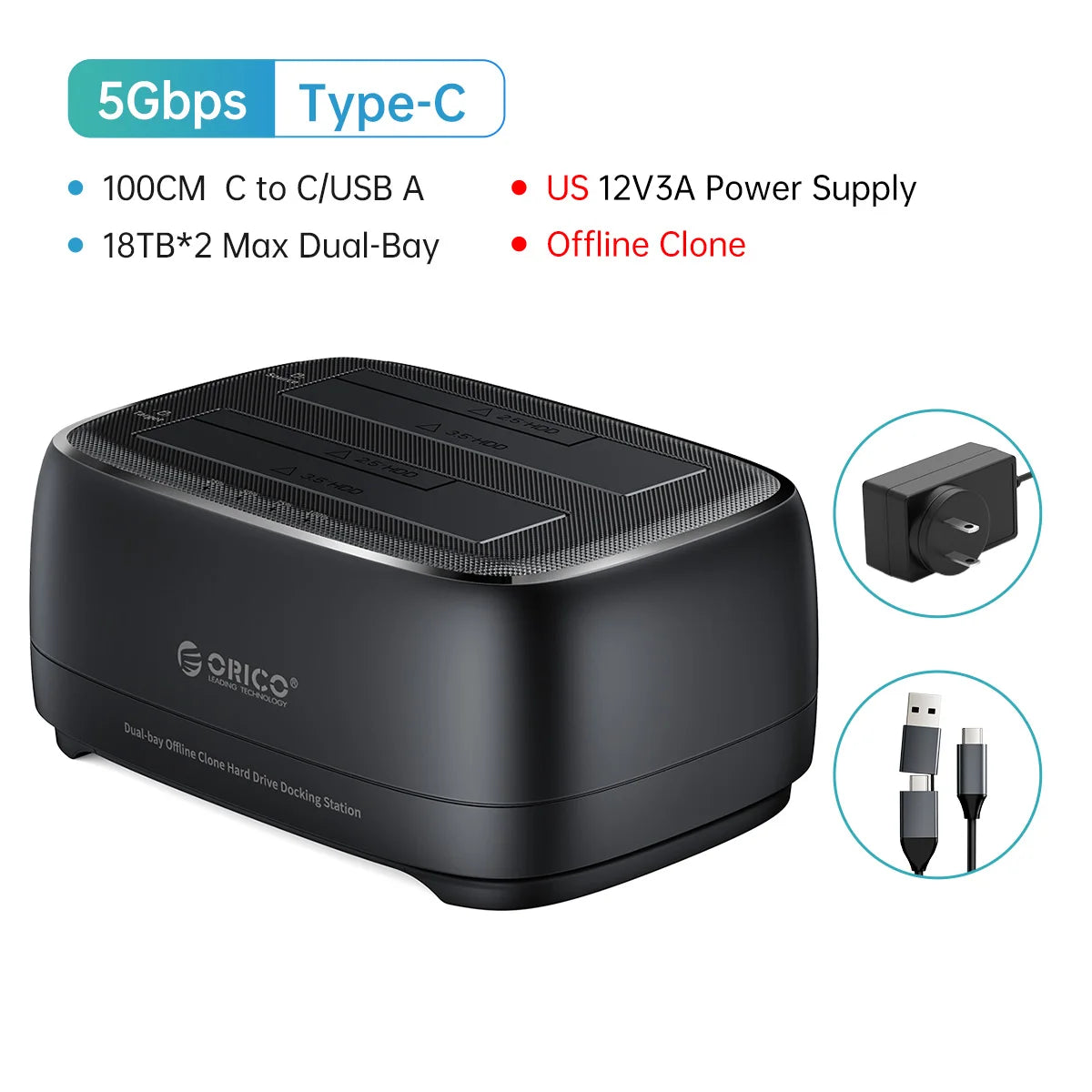 Dual-Bay HDD/SSD Docking Station with Offline Clone & USB 3.0/Type-C - 20