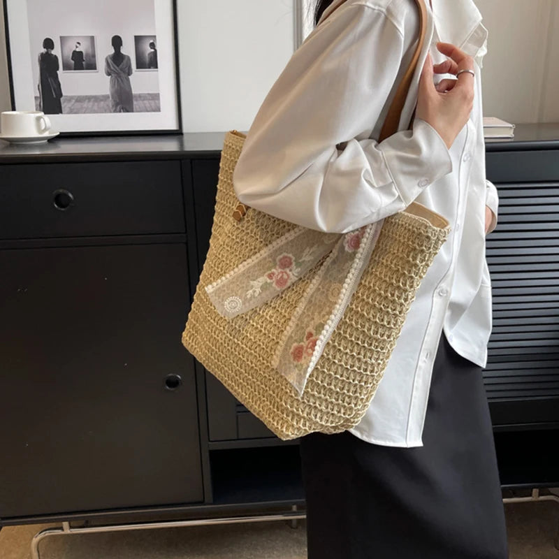 Lace Woven Straw Tote