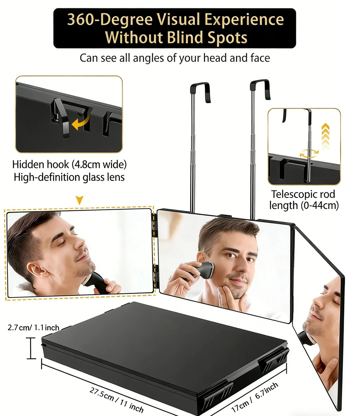 360 Trifold Makeup & Hair Cutting Mirror with Telescoping Hooks