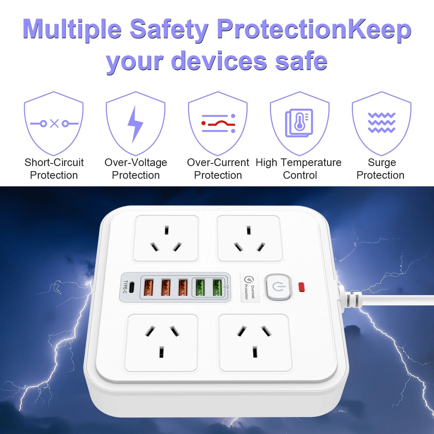 10-in-1 AU Power Board with 5 USB & 1 Type-C Ports – Surge Protected