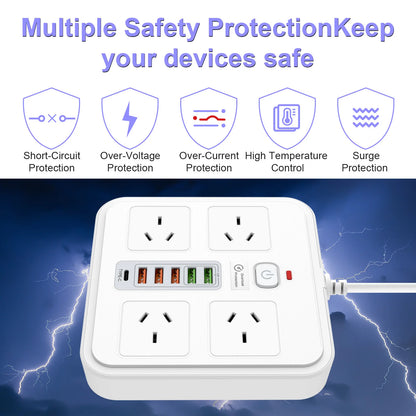 10-in-1 AU Power Board with 5 USB & 1 Type-C Ports – Surge Protected