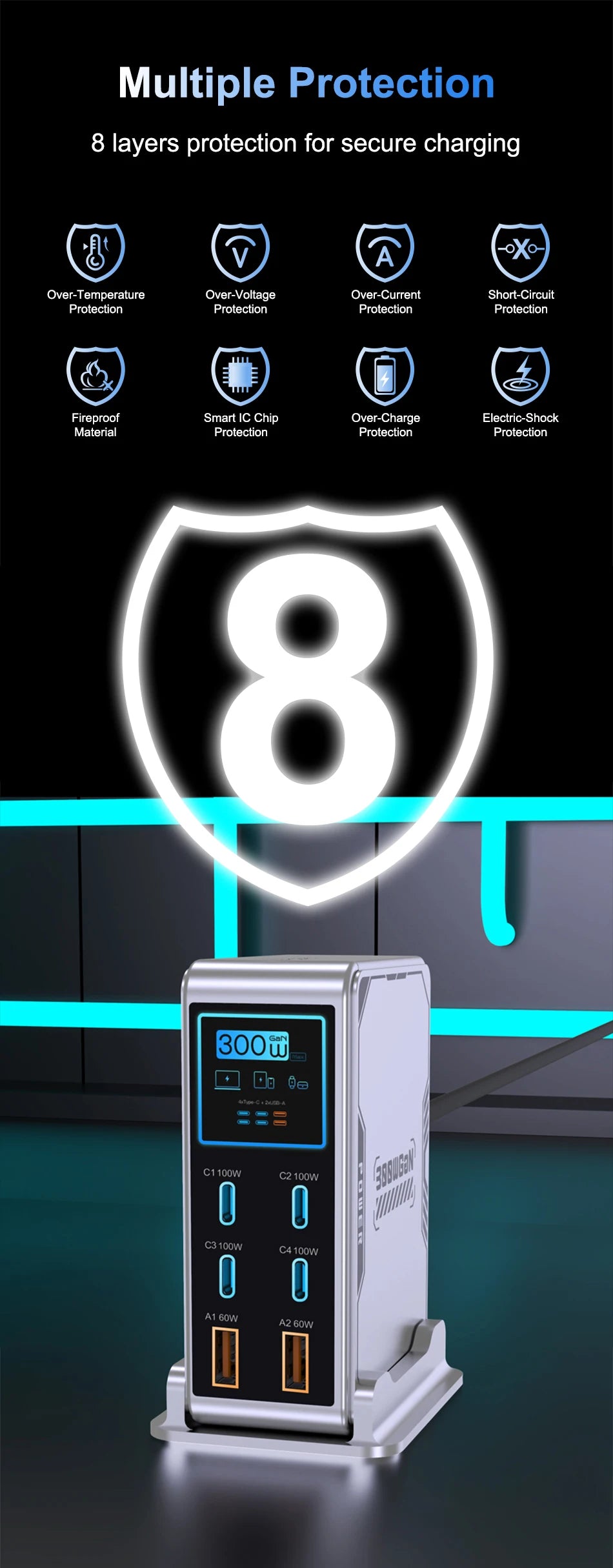 300W GaN 6-Port Desktop Fast Charger Station with Digital Display