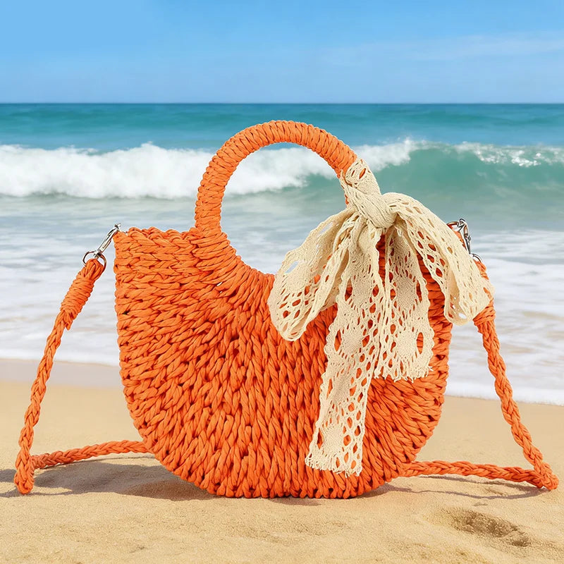 Luxury Lace Bow Straw Bag