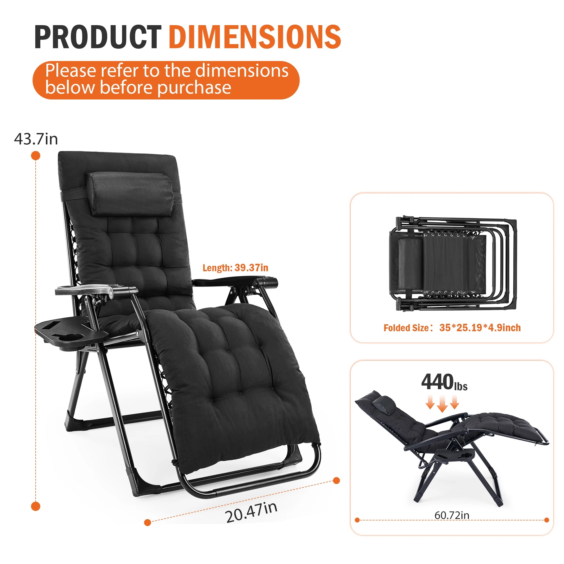 Zero Gravity Reclining Camping Chair with Cup Holder & Removable Cushion - 15