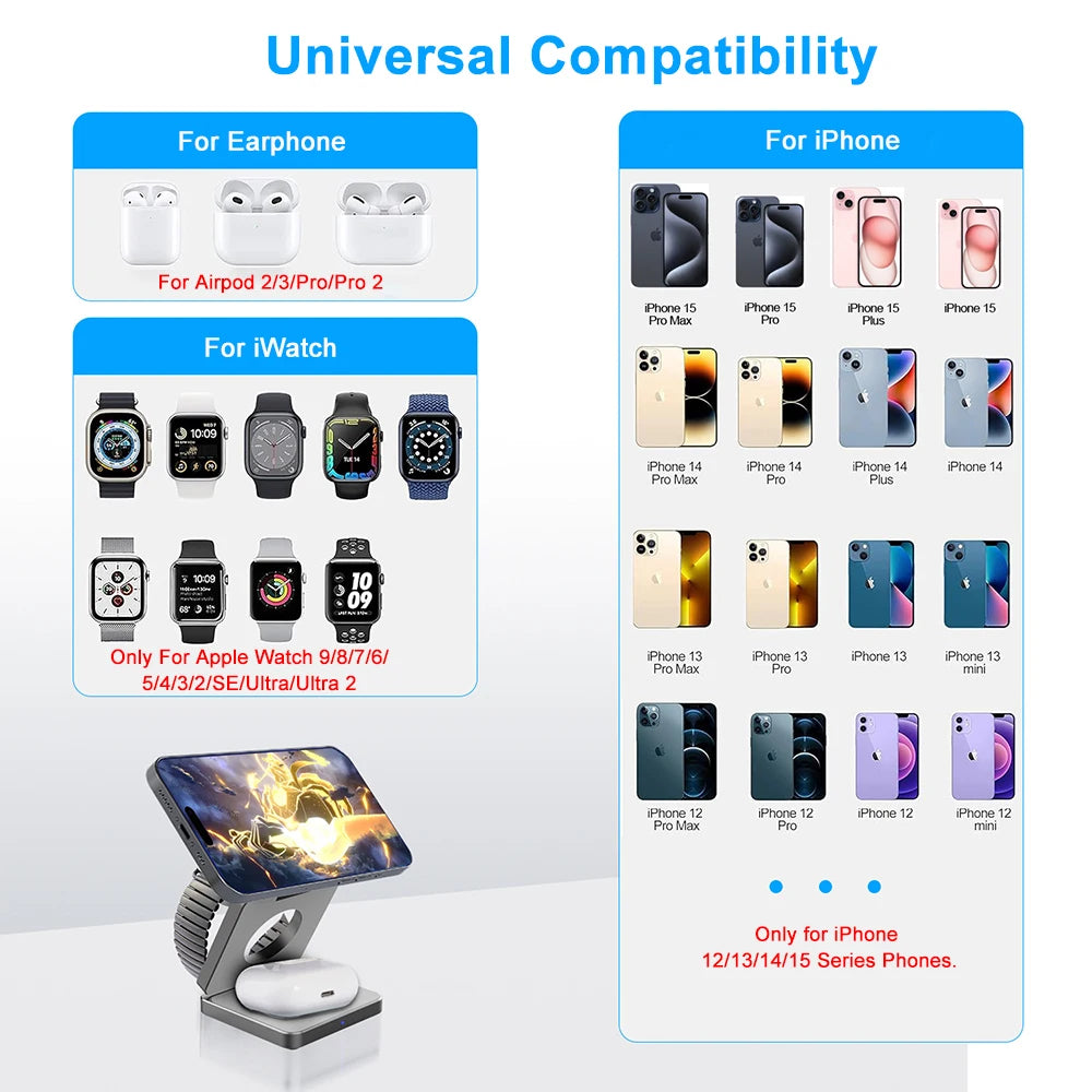 3-in-1 Foldable Magnetic Wireless Charging Station for Apple Devices