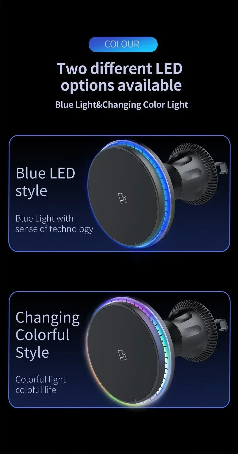 Magnetic Wireless Car Charger for iPhone 15/14/13/12 with RGB LED Light - 8