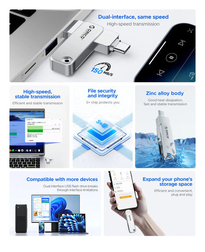 Dual USB-C & USB-A High-Speed Flash Drive - Durable Metal Storage for All Devices