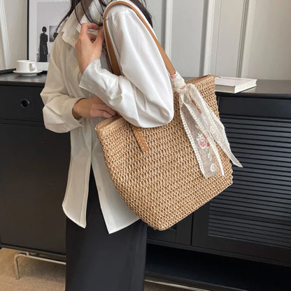 Lace Woven Straw Tote