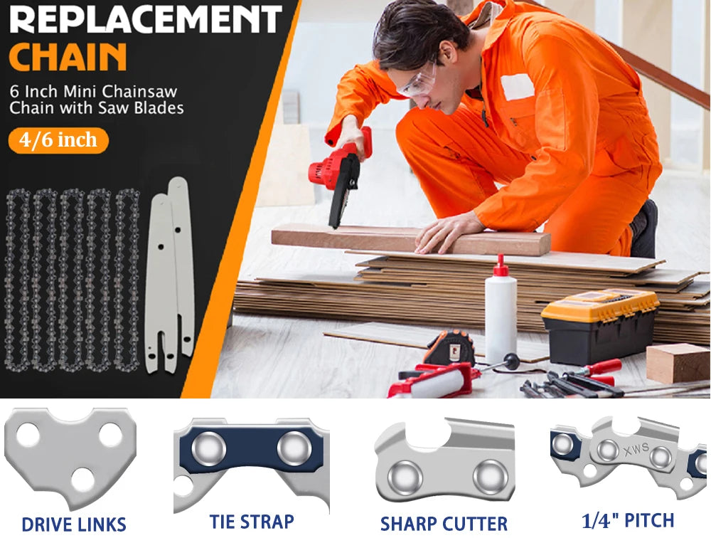 4 & 6 Inch Replacement Chainsaw Chain and Guide Bar for Mini Cordless Pruning Saws