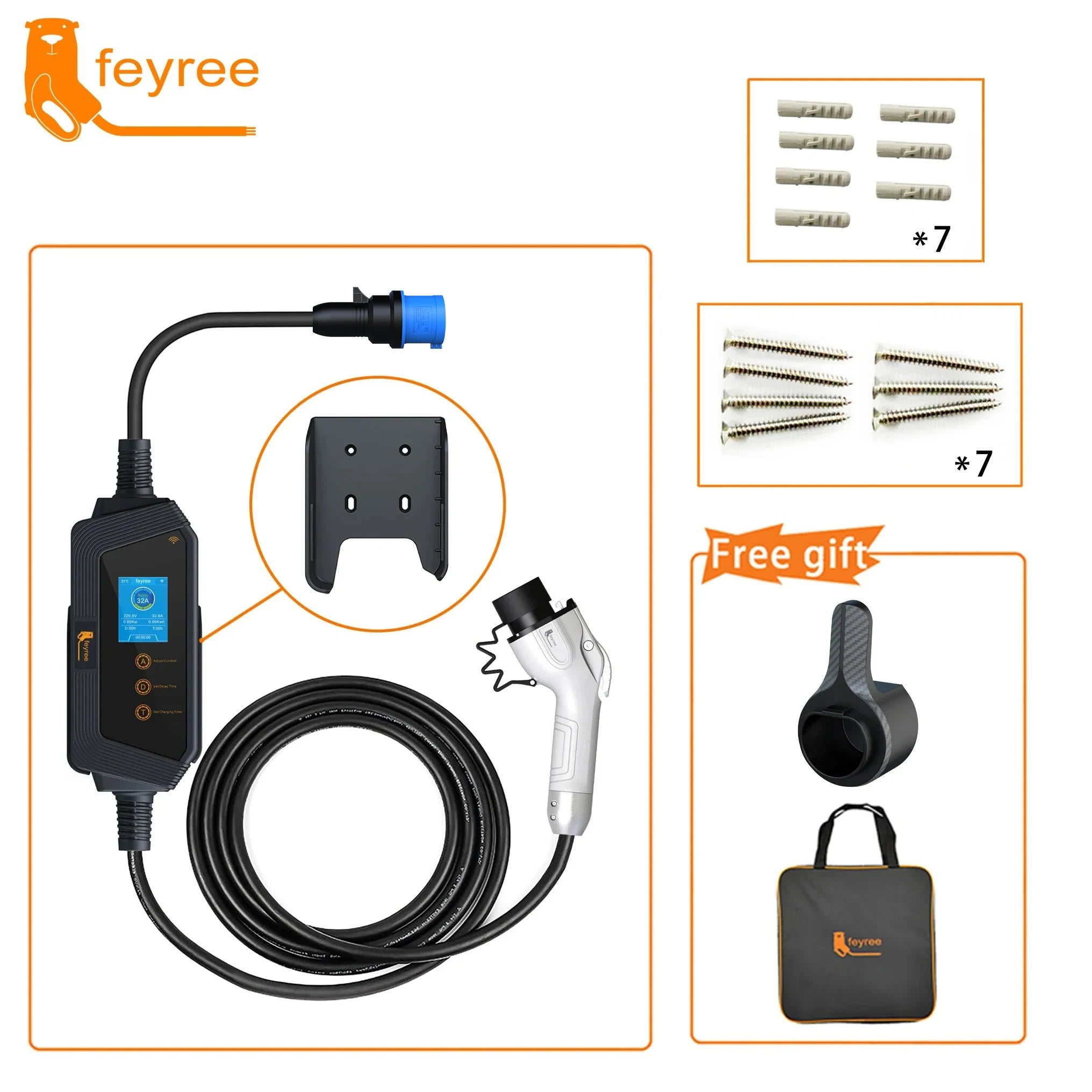 7KW Portable EV Charger - Adjustable Current GBT Electric Vehicle Charger - 32