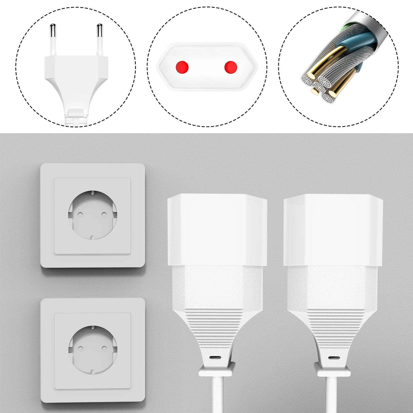 German Standard Dual Socket Extension Cable - Compact 2-Way Power Splitter