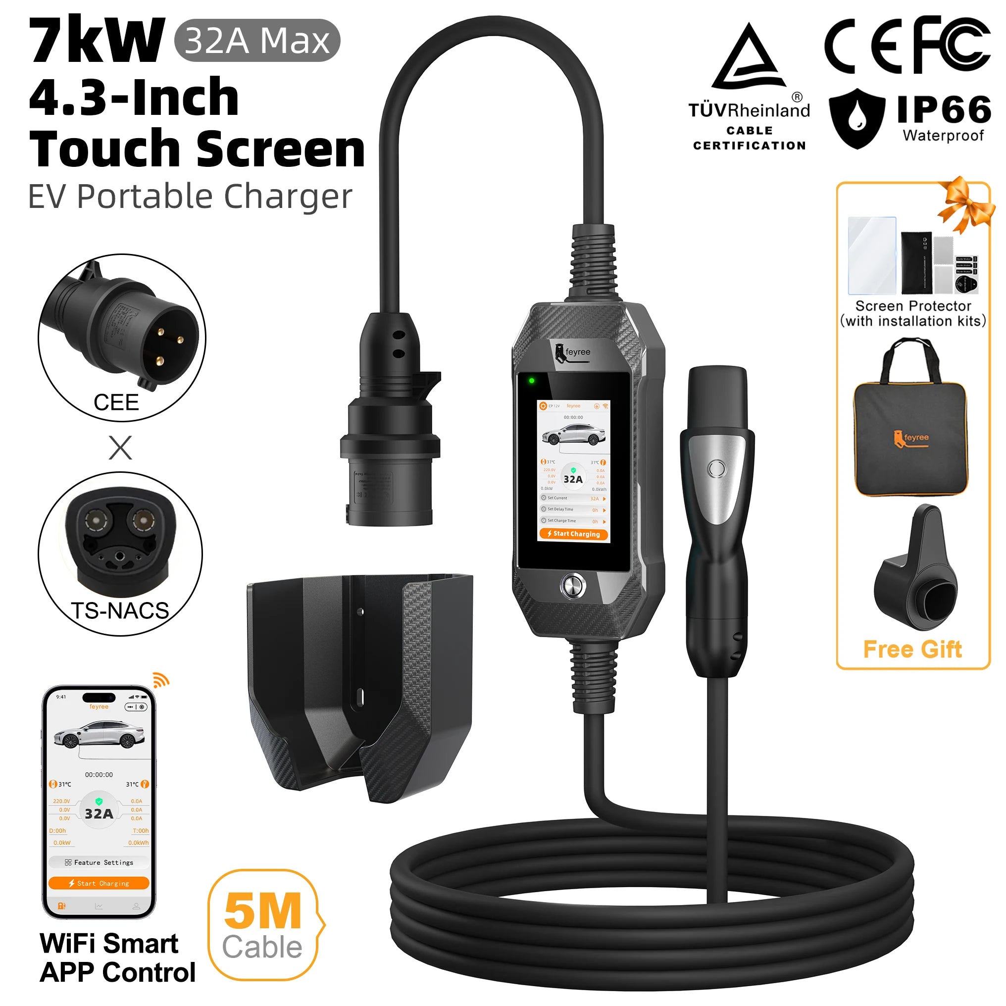 Portable 7kW EV Charger with 4.3" Touchscreen & Smart WiFi App Control - 30