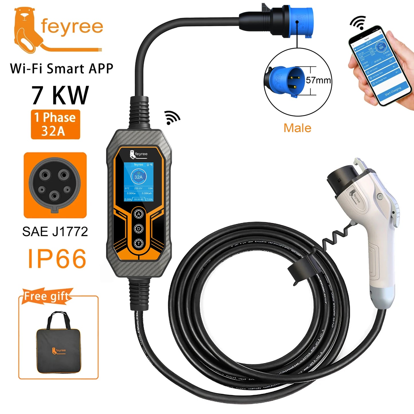 7KW Smart Portable EV Charger Type 1 - Adjustable 32A Level 2 Charging
