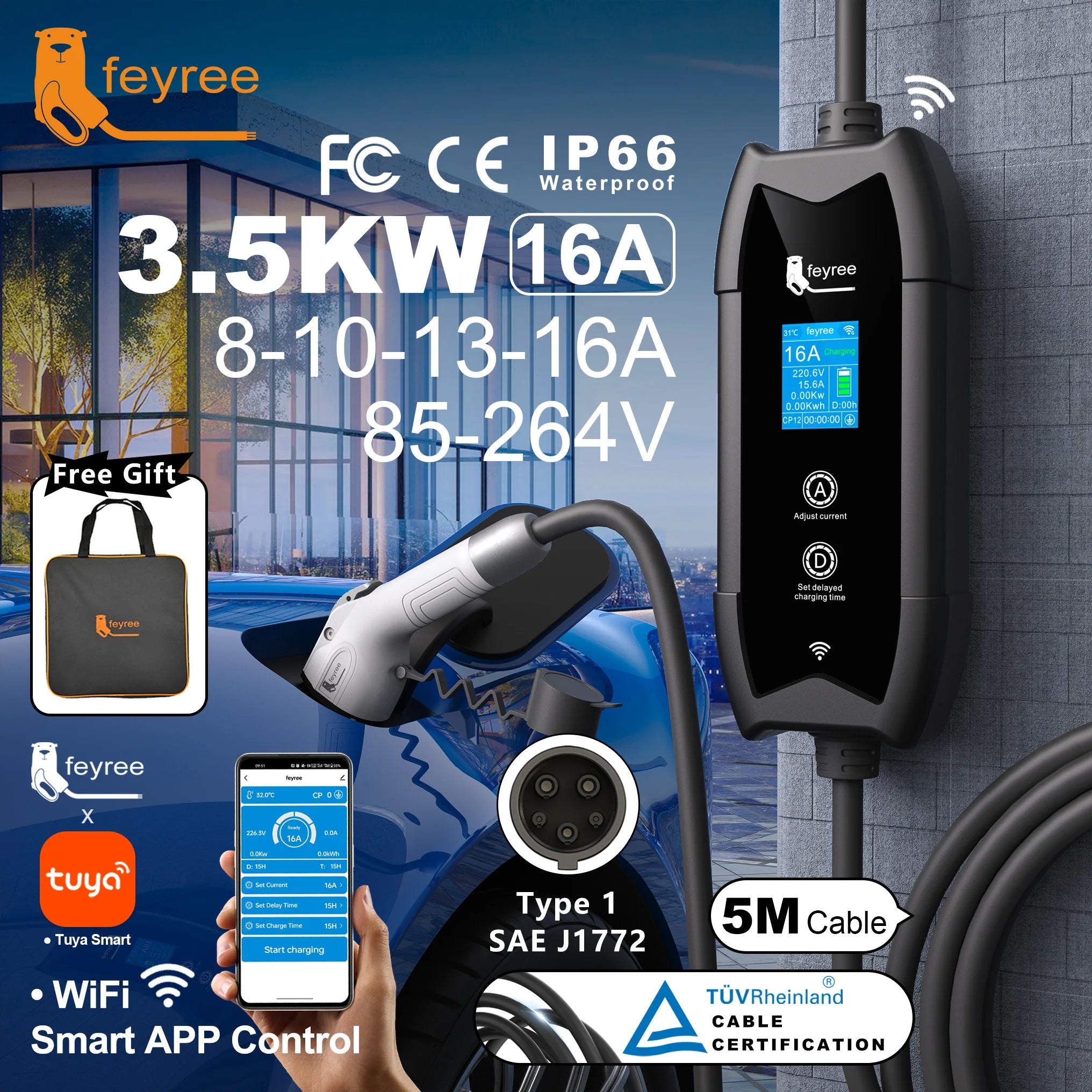 Portable Level 2 EV Charger - Type 1, 16A, 3.5KW with Smart App & LCD - 1
