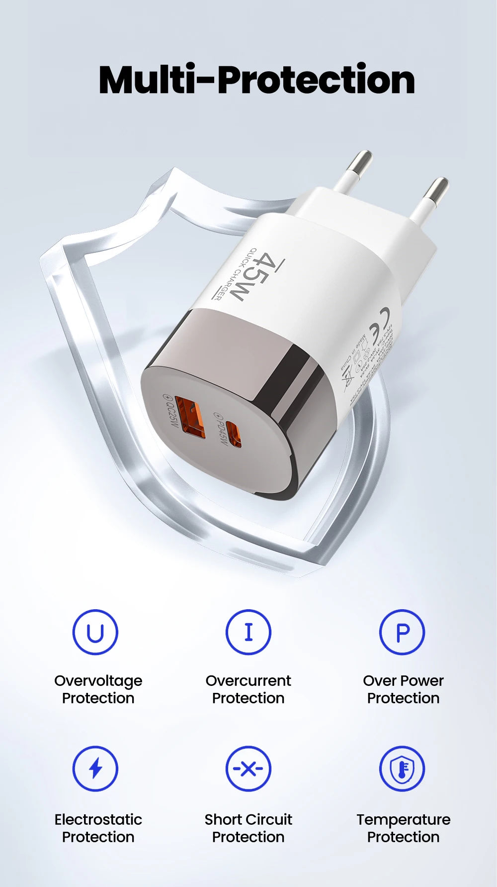45W Dual Port USB-C & USB-A Fast Wall Charger for iPhone, Samsung, Huawei - 9