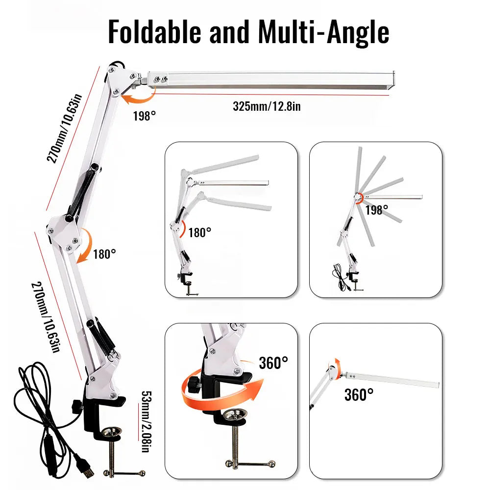 LED Swing Arm Desk Lamp with Clamp - 30 Dimmable Eye-Caring Lighting Modes - 10