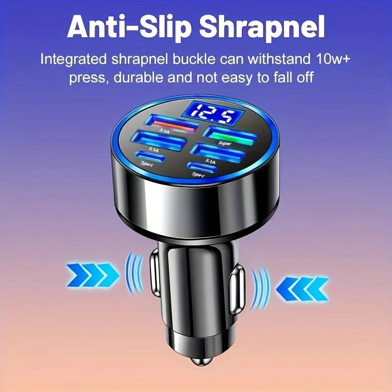 100W 6-Port Fast Car Charger - USB-C PD & QC3.0 Multi-Device Adapter - 2