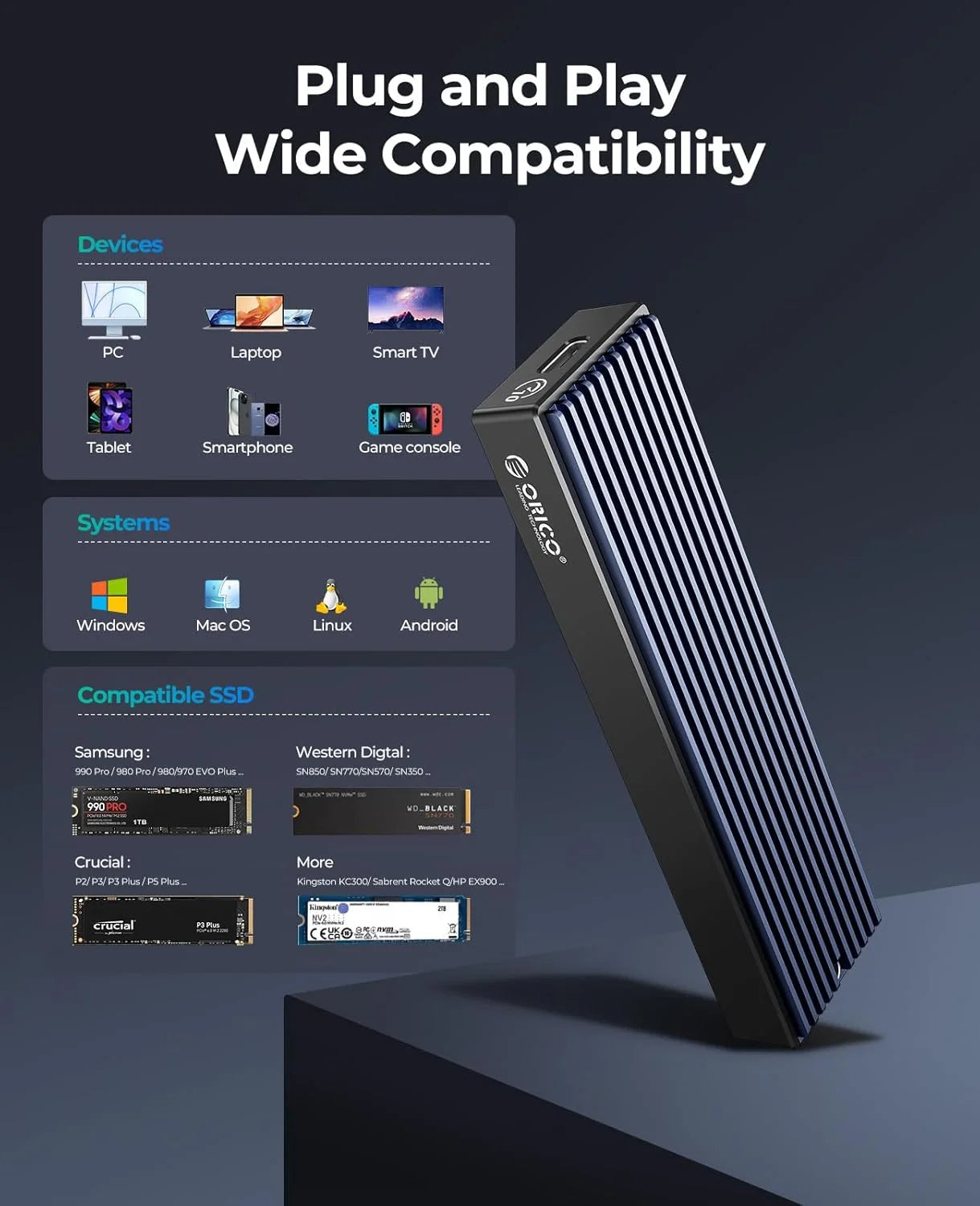 ORICO M.2 NVMe SATA SSD Enclosure - 10Gbps Portable External Drive Case - 4