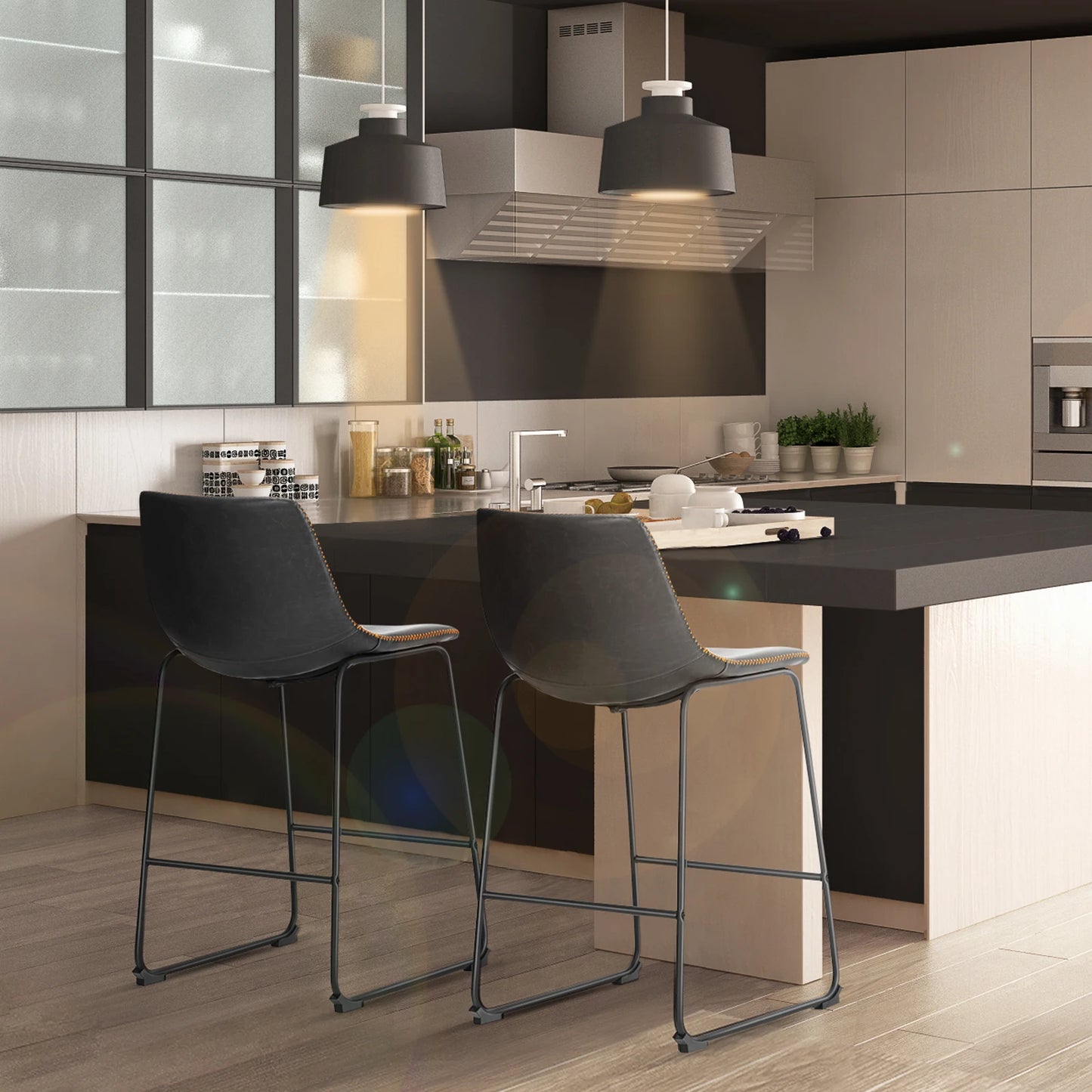 Modern Faux Leather Bar Stools - Set of 2 Counter Height Kitchen Chairs