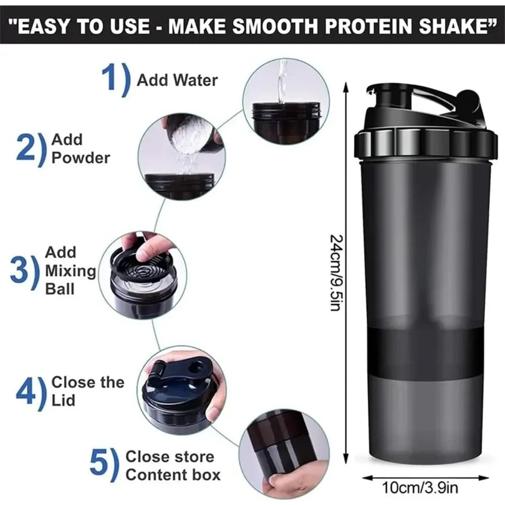 3-Layer Portable Protein Shaker Bottle - Leak-Proof Gym Mixing Cup
