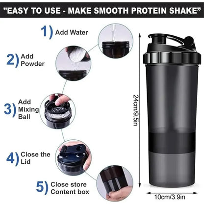 3-Layer Portable Protein Shaker Bottle - Leak-Proof Gym Mixing Cup