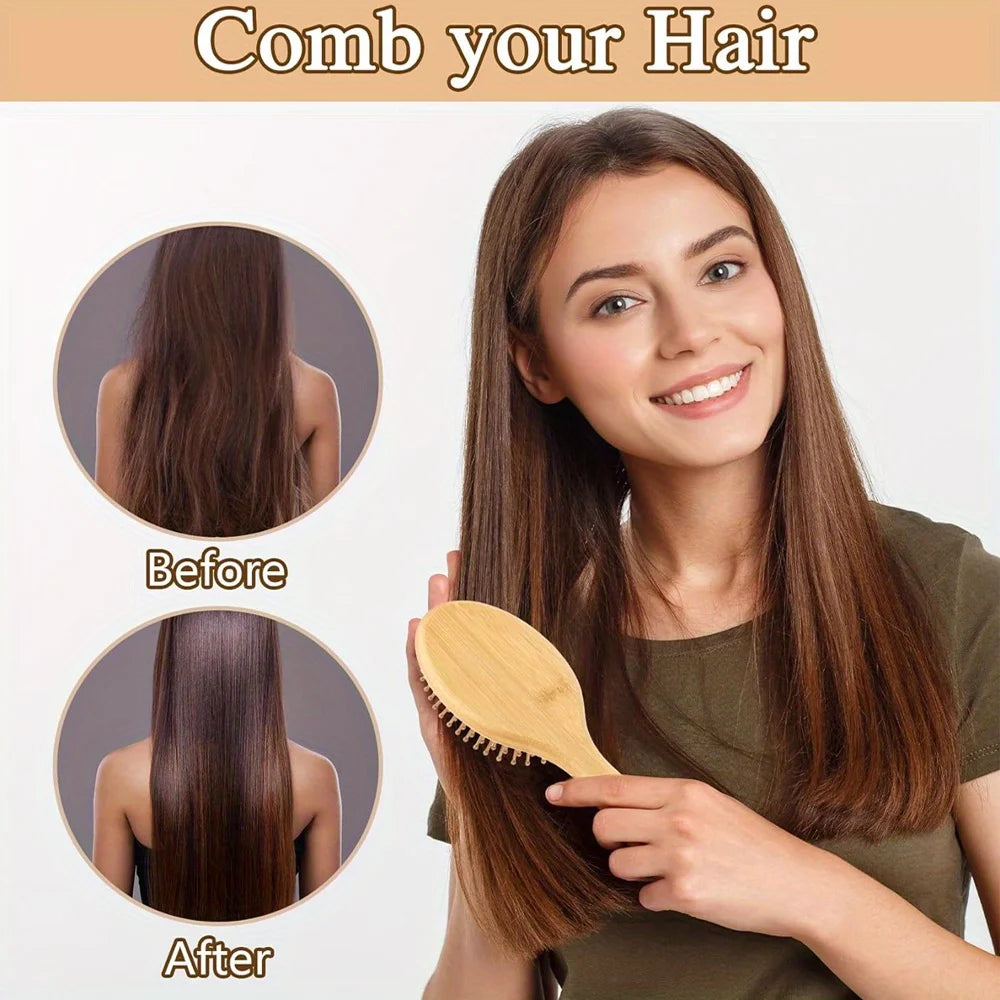 Natural Bamboo Paddle Hair Brush - Anti-Static Scalp Massage & Detangling - 5