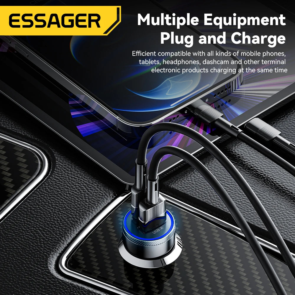 Essager 54W Dual Port Fast Car Charger - USB-C & USB-A PD/QC 3.0 Adapter - 4
