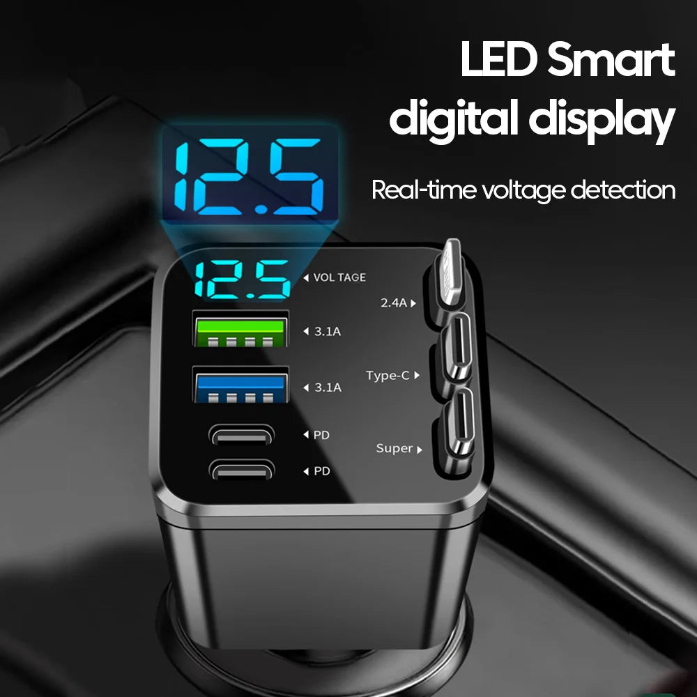 7-in-1 Retractable Fast Car Charger with Digital Display - 120W PD Adapter - 5