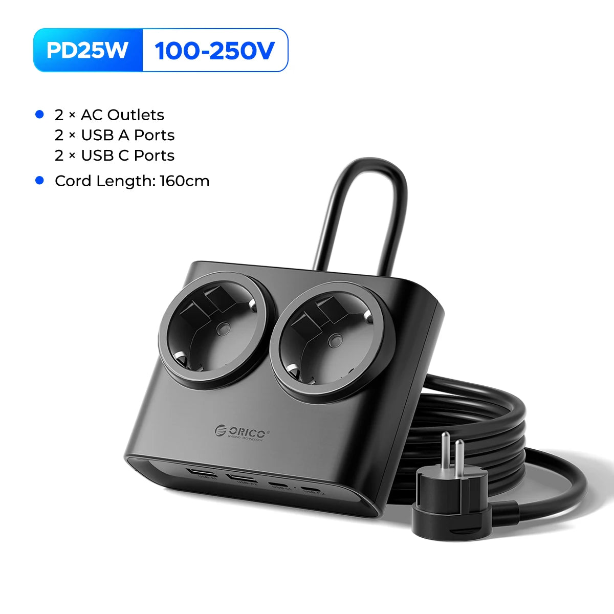 ORICO 25W GaN Desktop Power Strip - 2 AC Outlets & 4 USB Fast Charging - 11