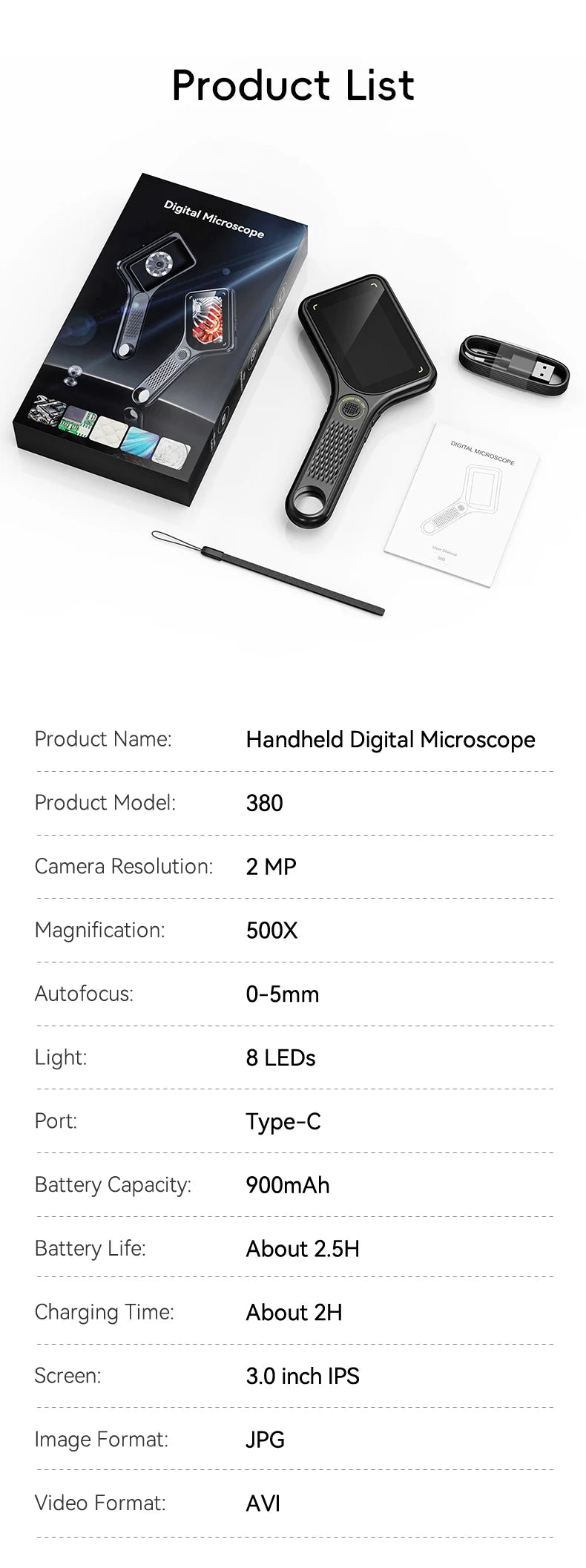 Handheld Digital Microscope 500X Autofocus with 3" IPS Screen