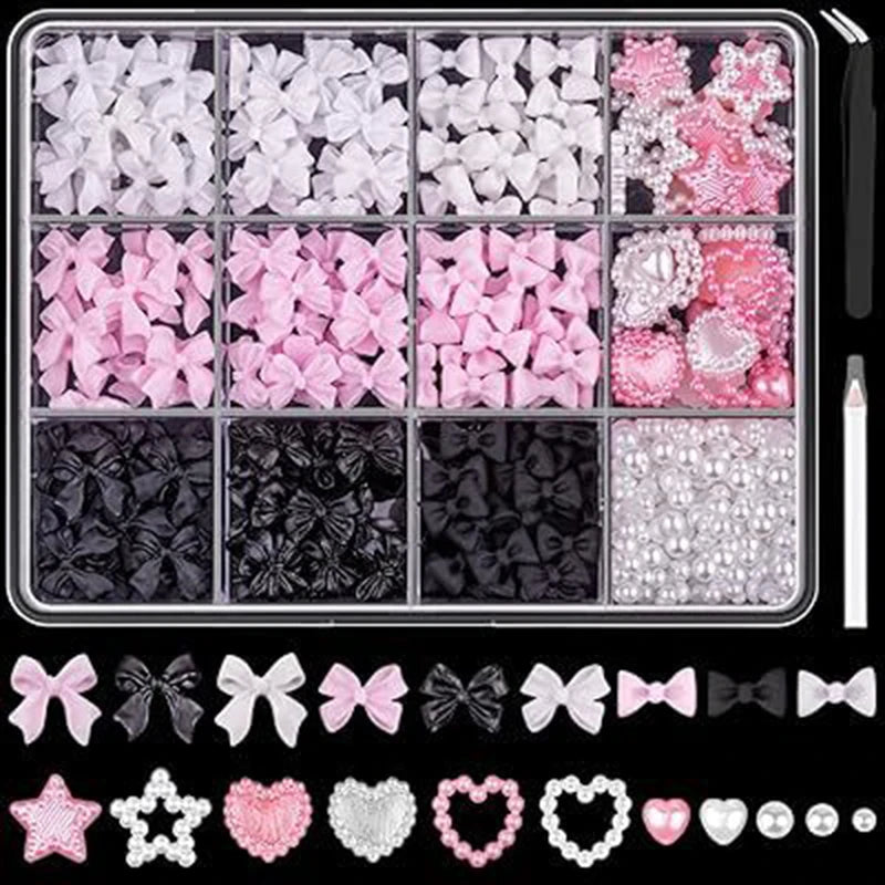 3D Mixed Nail Art Decoration Set - Acrylic Bows, Flowers & Pearl Charms - 24