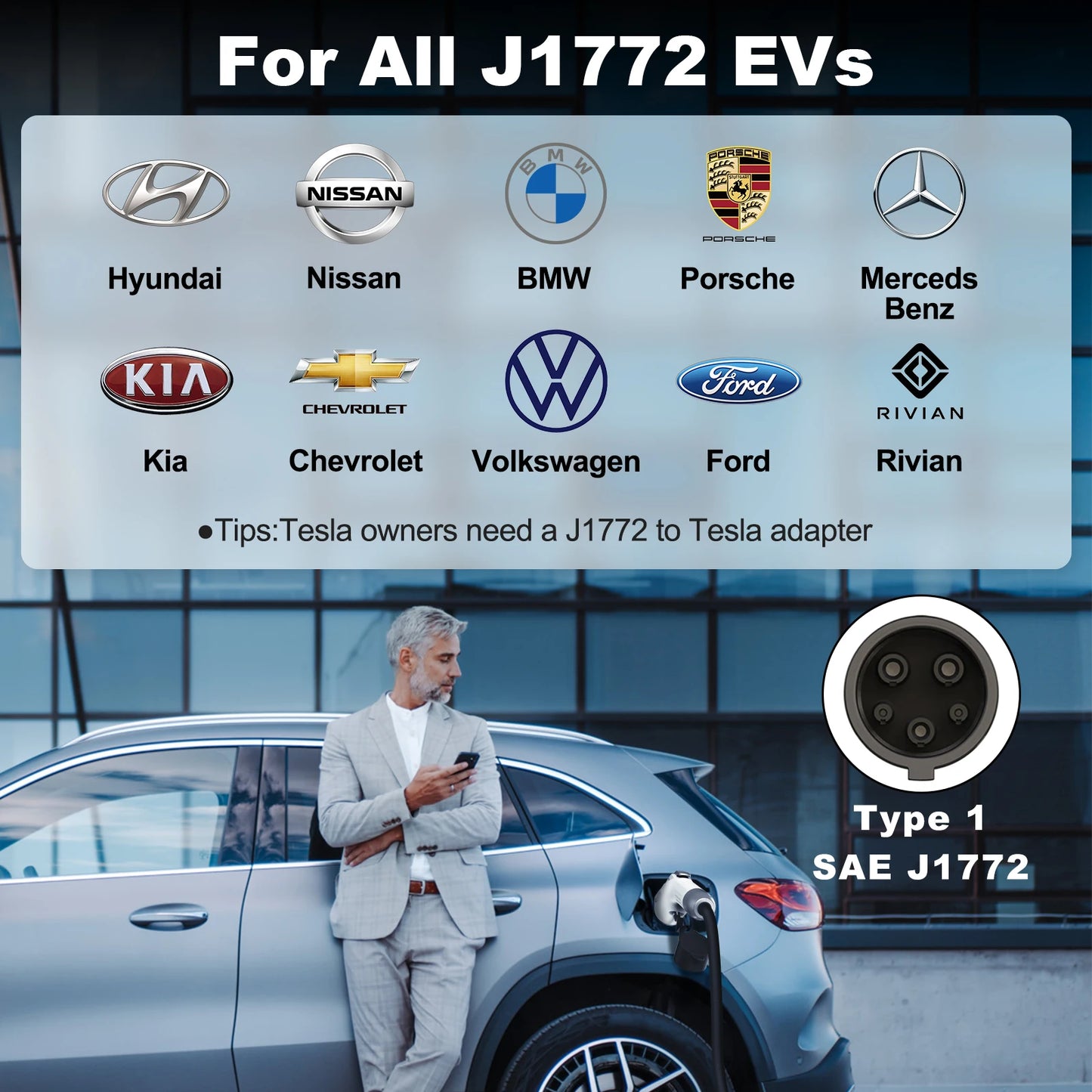 7kW Portable EV Charger Level 2 J1772 Electric Vehicle Charging Cable 32A