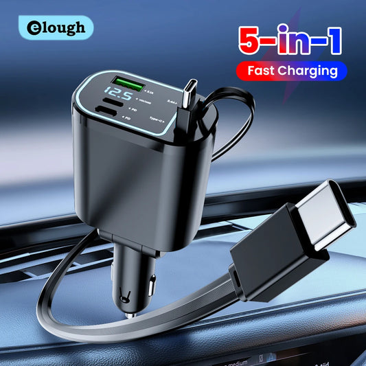 100W Retractable Fast Car Charger with USB & Type-C Digital Display