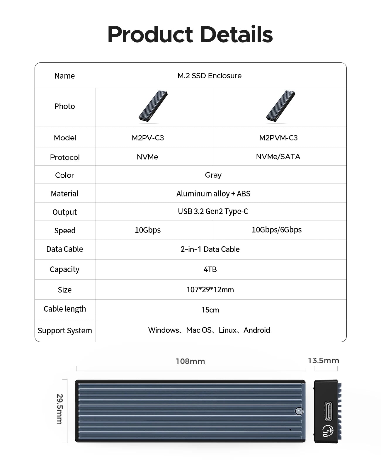 ORICO M.2 NVMe SATA SSD Enclosure - 10Gbps Portable External Drive Case - 21