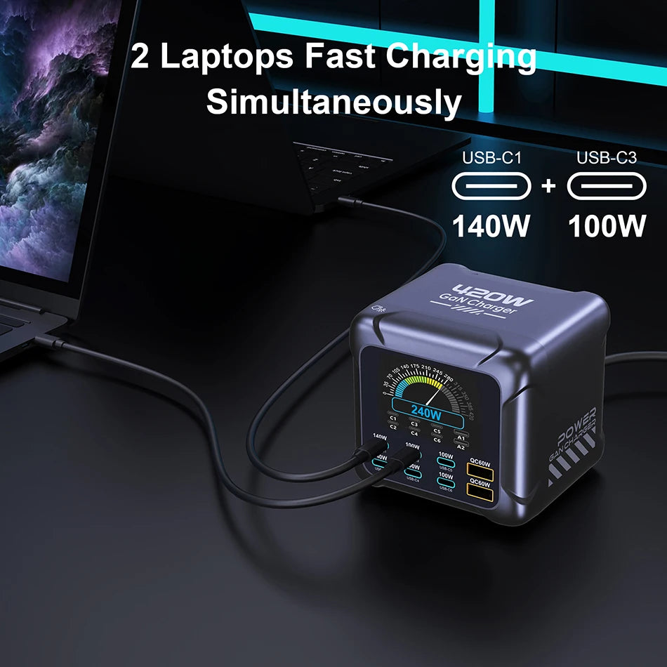 300W GaN 6-Port Desktop Fast Charger Station with Digital Display