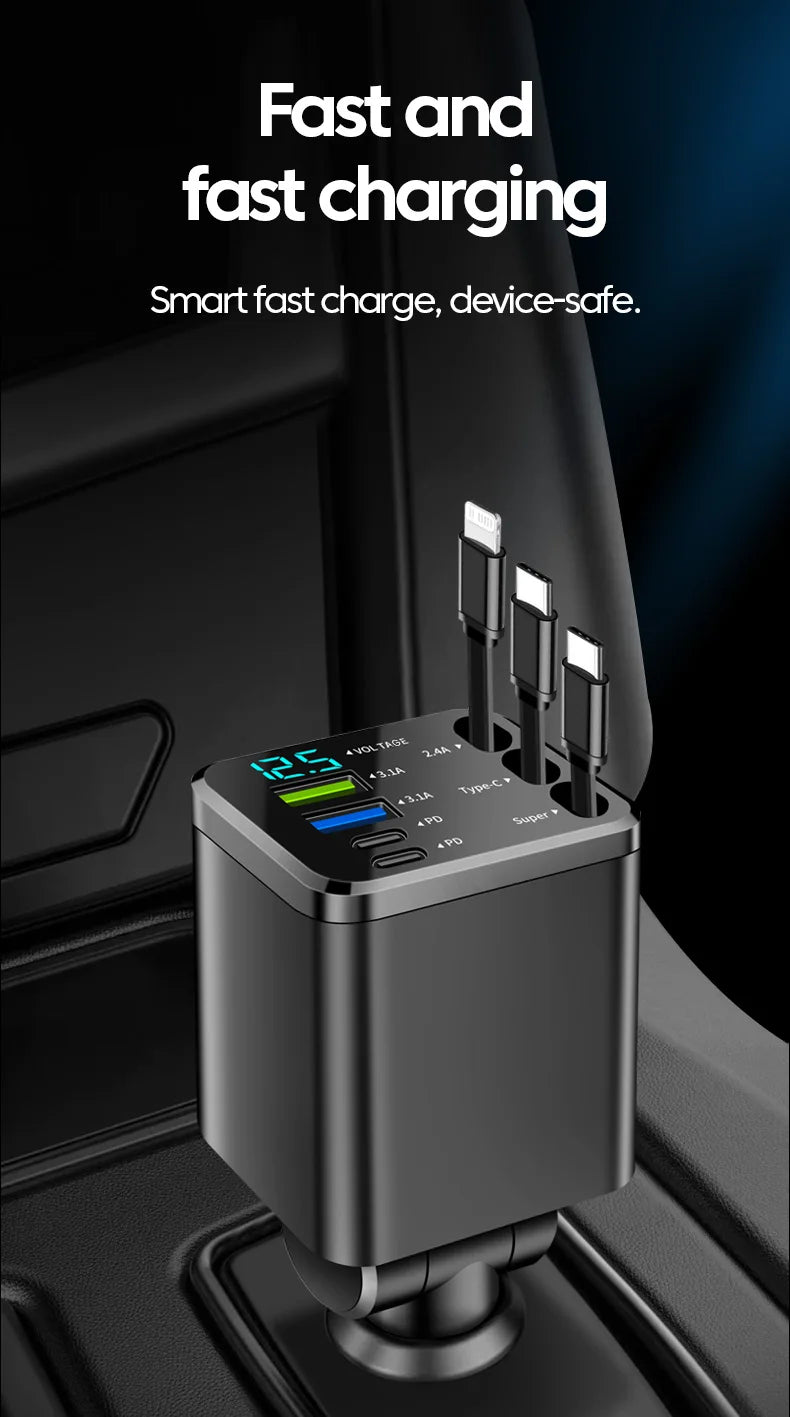 7-in-1 Retractable Fast Car Charger with Digital Display - 120W PD Adapter
