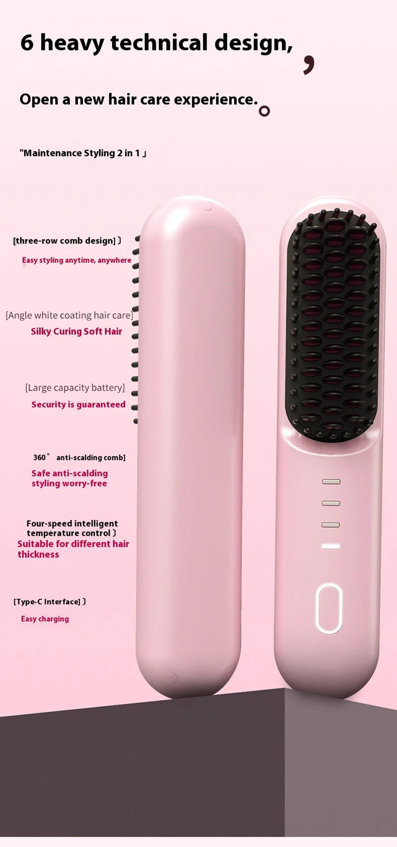 Fast Heating Cordless Hair Straightening Brush - Anti-Frizz Ionic Styling Comb