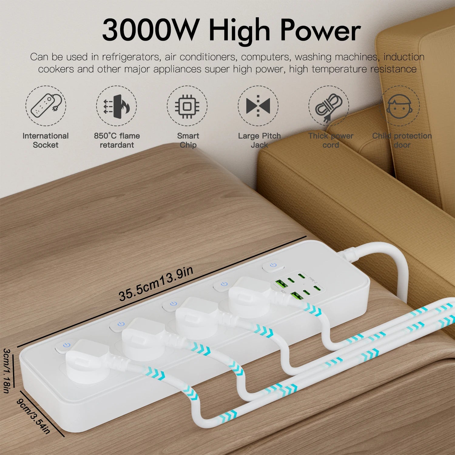 Australian Multi-Plug Power Board with 6 USB Fast Charging Ports & Switches - 6