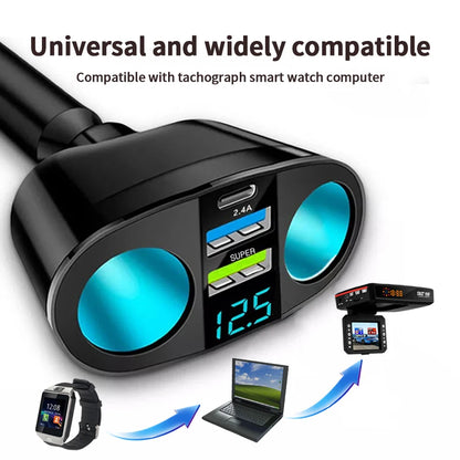 120W Dual USB Car Charger with Digital Voltage Display & Fast Charging