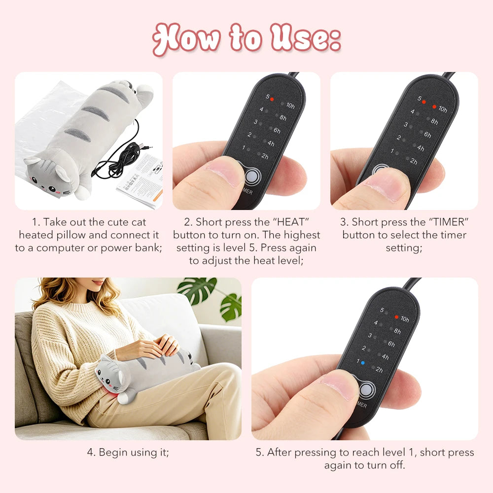 Cute USB Heated Cat Plush Pillow - Electric Hot Compress for Pain & Comfort - 13