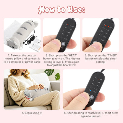 Cute USB Heated Cat Plush Pillow - Electric Hot Compress for Pain & Comfort