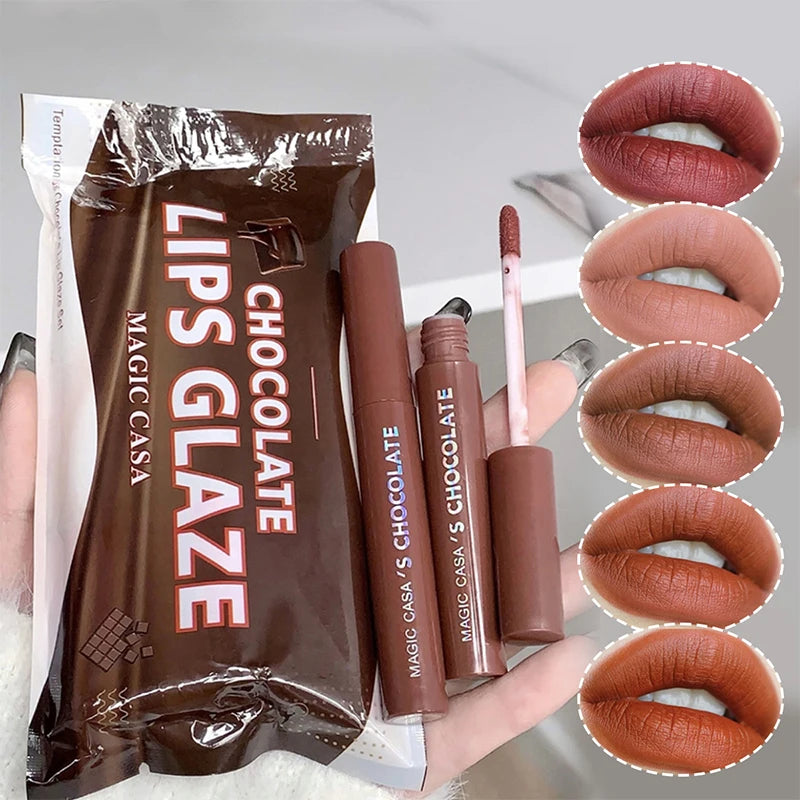 5-Piece Chocolate Matte Lip Glaze Set - Long-Lasting Waterproof Lip Tint - 5
