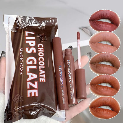 5-Piece Chocolate Matte Lip Glaze Set - Long-Lasting Waterproof Lip Tint